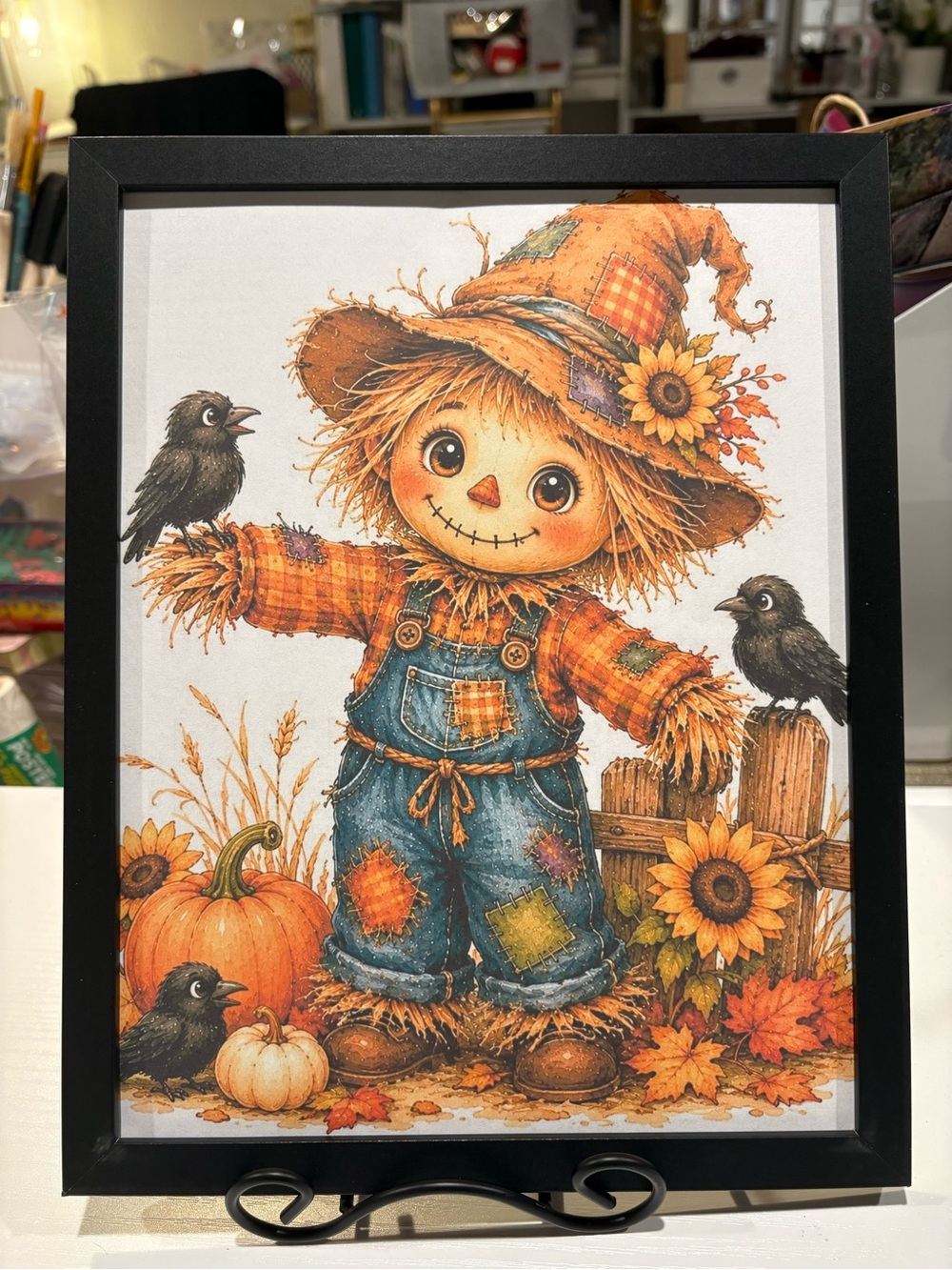 Whimsical Fall Scarecrow Print - Framed 8x10 Rustic Harvest Decor